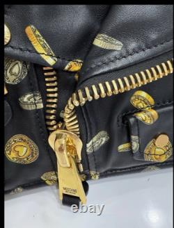 Moschino Milano Biker Jacket Bag Black Gold Coin Print Leather Purse