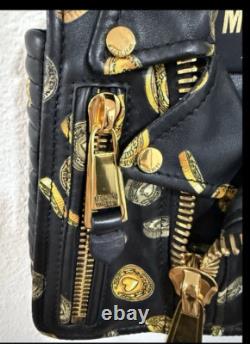 Moschino Milano Biker Jacket Bag Black Gold Coin Print Leather Purse