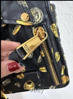 Moschino Milano Biker Jacket Bag Black Gold Coin Print Leather Purse