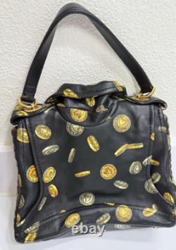 Moschino Milano Biker Jacket Bag Black Gold Coin Print Leather Purse