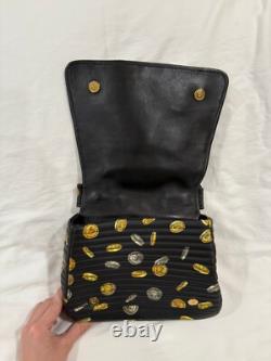 Moschino Milano Biker Jacket Bag Black Gold Coin Print Leather Purse
