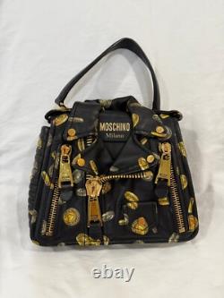 Moschino Milano Biker Jacket Bag Black Gold Coin Print Leather Purse
