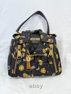 Moschino Milano Biker Jacket Bag Black Gold Coin Print Leather Purse