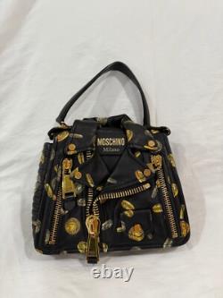 Moschino Milano Biker Jacket Bag Black Gold Coin Print Leather Purse