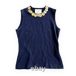 Moschino vintage RARE 90s Navy blue Gold Coin Sleeveless stretch Top The Nanny M