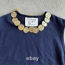 Moschino vintage RARE 90s Navy blue Gold Coin Sleeveless stretch Top The Nanny M