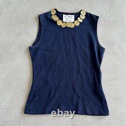 Moschino vintage RARE 90s Navy blue Gold Coin Sleeveless stretch Top The Nanny M