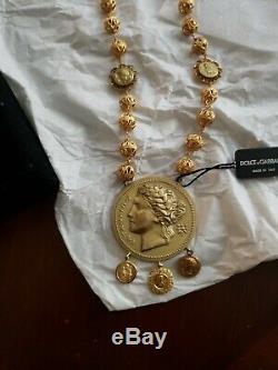 NEW $1080 DOLCE & GABBANA Gold Brass MONETE Statement Roman Coin Necklace Chain