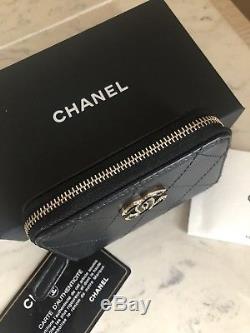 NEW CHANEL O Case Black Quilted COIN PURSE ZIP WALLET CARD HOLDER GOLD Hardware
