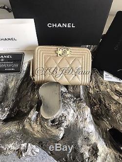 NWT CHANEL Iridescent Pearly Gold Caviar Boy Zip Wallet O-Coin Card Holder 2017