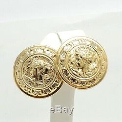 New 14K Gold Italy Roman Coin Puffy Omega Back Button Earrings