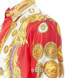 New VERSACE 100% silk red gold pig coin Medusa medallion baroque print shirt M L