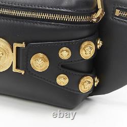 New VERSACE black calf leather gold Medusa coin stud bondage strap waist bag