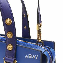 New VERSACE cobalt blue gold Medusa coin stud bondage strap satchel tote bag