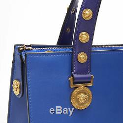 New VERSACE cobalt blue gold Medusa coin stud bondage strap satchel tote bag