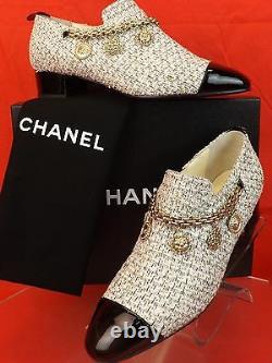 Nib Chanel Ecru Tweed Gold Charms Coins Chain Black Patent Cap Toe Loafers 39