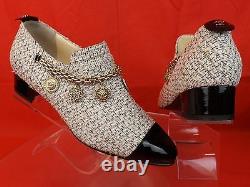 Nib Chanel Ecru Tweed Gold Charms Coins Chain Black Patent Cap Toe Loafers 39