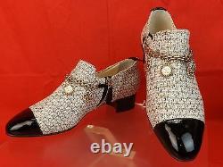 Nib Chanel Ecru Tweed Gold Charms Coins Chain Black Patent Cap Toe Loafers 39