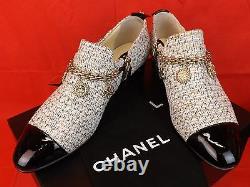 Nib Chanel Ecru Tweed Gold Charms Coins Chain Black Patent Cap Toe Loafers 39