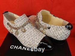 Nib Chanel Ecru Tweed Gold Charms Coins Chain Black Patent Cap Toe Loafers 39