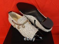 Nib Chanel Ecru Tweed Gold Charms Coins Chain Black Patent Cap Toe Loafers 39