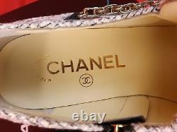 Nib Chanel Ecru Tweed Gold Charms Coins Chain Black Patent Cap Toe Loafers 39