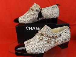 Nib Chanel Ecru Tweed Gold Charms Coins Chain Black Patent Cap Toe Loafers 39