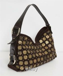 OSCAR DE LA RENTA Brown Suede Embellished Bronze Coin Hobo Bag Handbag NEW