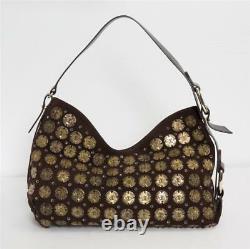 OSCAR DE LA RENTA Brown Suede Embellished Bronze Coin Hobo Bag Handbag NEW