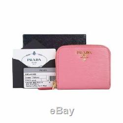Prada Geranio Pink Saffiano Leather Gold Zip Coin Purse Wallet 1MM268