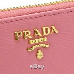 Prada Geranio Pink Saffiano Leather Gold Zip Coin Purse Wallet 1MM268