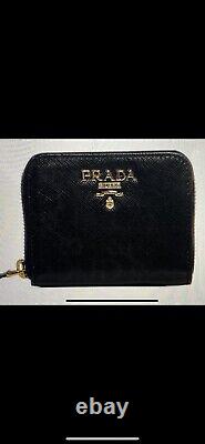 Prada Saffiano Leather Gold Zip Coin Purse Wallet- Black