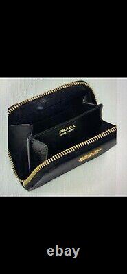 Prada Saffiano Leather Gold Zip Coin Purse Wallet- Black