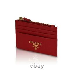 Prada Womens Vitello Grain Rosso Red Leather Gold Logo Zip Top Card Case 1MC026