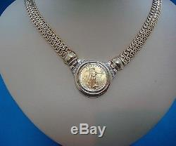 Pure Gold $10 Liberty Coin In 14k Yellow Gold Necklace With Diamonds, Italy, 17