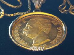 RARE MINT 1882 ITALY. 900 Gold 20 Lire Coin Pendant set on a 19 14K Gold Chain