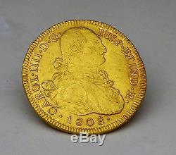 RARE SPAIN SPANISH 1808 PROCLAMATION GOLD COIN COLOMBIA 8 Escudos P/JF AU-UNC