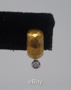 ROBERTO COIN 18K Yellow Gold Hammered Huggies Hoops Earrings Diamond Drop