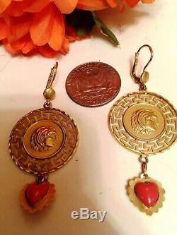 Rare 14k Gold Earrings Greek Coin Fine Jewelry 2.5 L / 7.6 g with coral stone