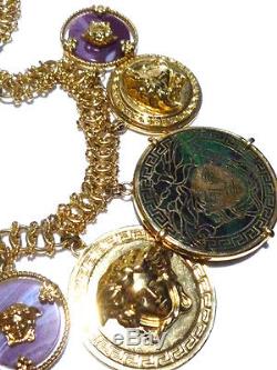 Rare $3000 Versace Italy Stone Gold Medusa Coin Medallion Charm Pendant Necklace