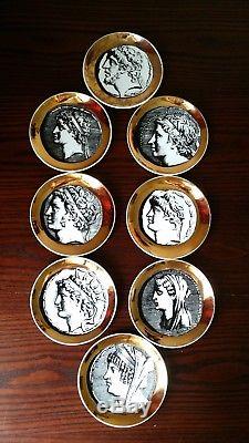 Rare 8 Pc Piero Fornasetti Monete Coaster Set, Gold Roman Coin Motif 1950s Italy