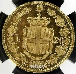 Rare Gem 1883 /2 R Top Pop 1 Gold Proof Coin Italy Ms63 Pl 20 Lira Mirror Image