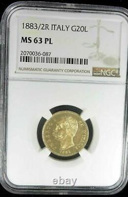 Rare Gem Proof 1883 /2 Gold Coin Italy Ngc Top Pop 1 Ms63 Pl 20 Lira Mint State