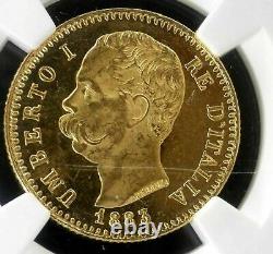 Rare Gem Proof 1883 /2 Gold Coin Italy Ngc Top Pop 1 Ms63 Pl 20 Lira Mint State