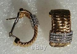 Roberto Coin 18K Gold Silk Weave Hoop Earrings with 4 Rows of Pave Set Diamonds