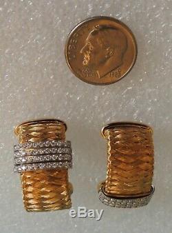 Roberto Coin 18K Gold Silk Weave Hoop Earrings with 4 Rows of Pave Set Diamonds