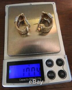 Roberto Coin 18K Gold Silk Weave Hoop Earrings with 4 Rows of Pave Set Diamonds