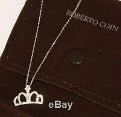 Roberto Coin 18K WG Pave Diamond Princess Crown Necklace 18 L Chain Pouch