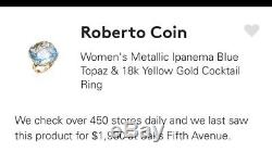 Roberto Coin Ipanema Blue Topaz Square 18k Yellow Gold Ring NWOT $1980.00 Retail