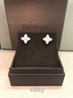 Roberto Coin Princess Flower Med Diamond Stud Earrings 18k White Gold New $2700